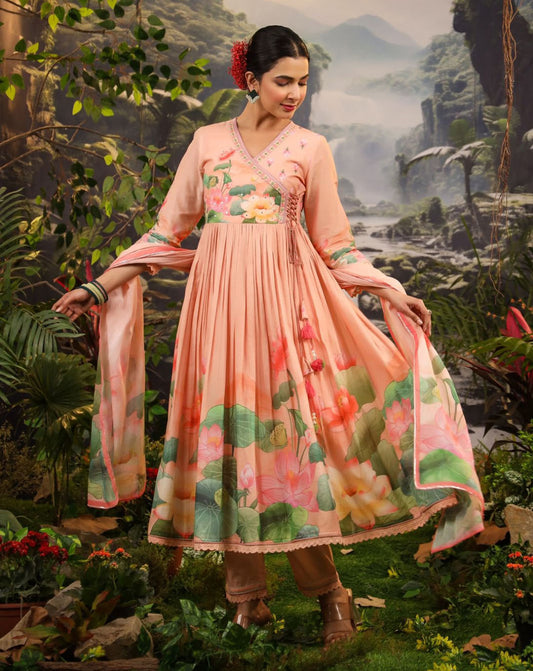 Peach Pure Masleen Angrakkha Style Anarkali 3 Pieces Suit Ladies Dress