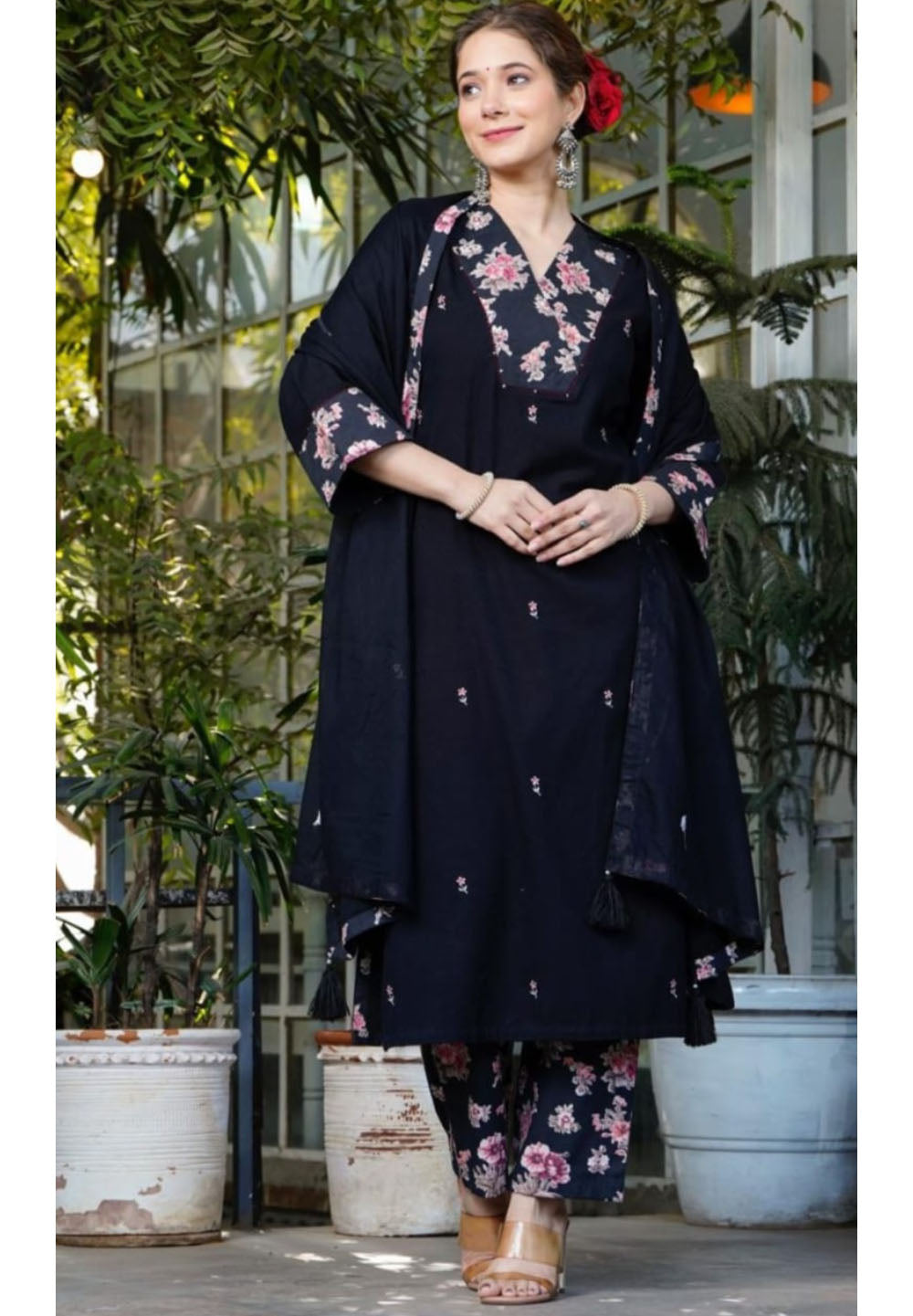 Linen Black 3 Pieces Embroidery  Indian Ladies Dress