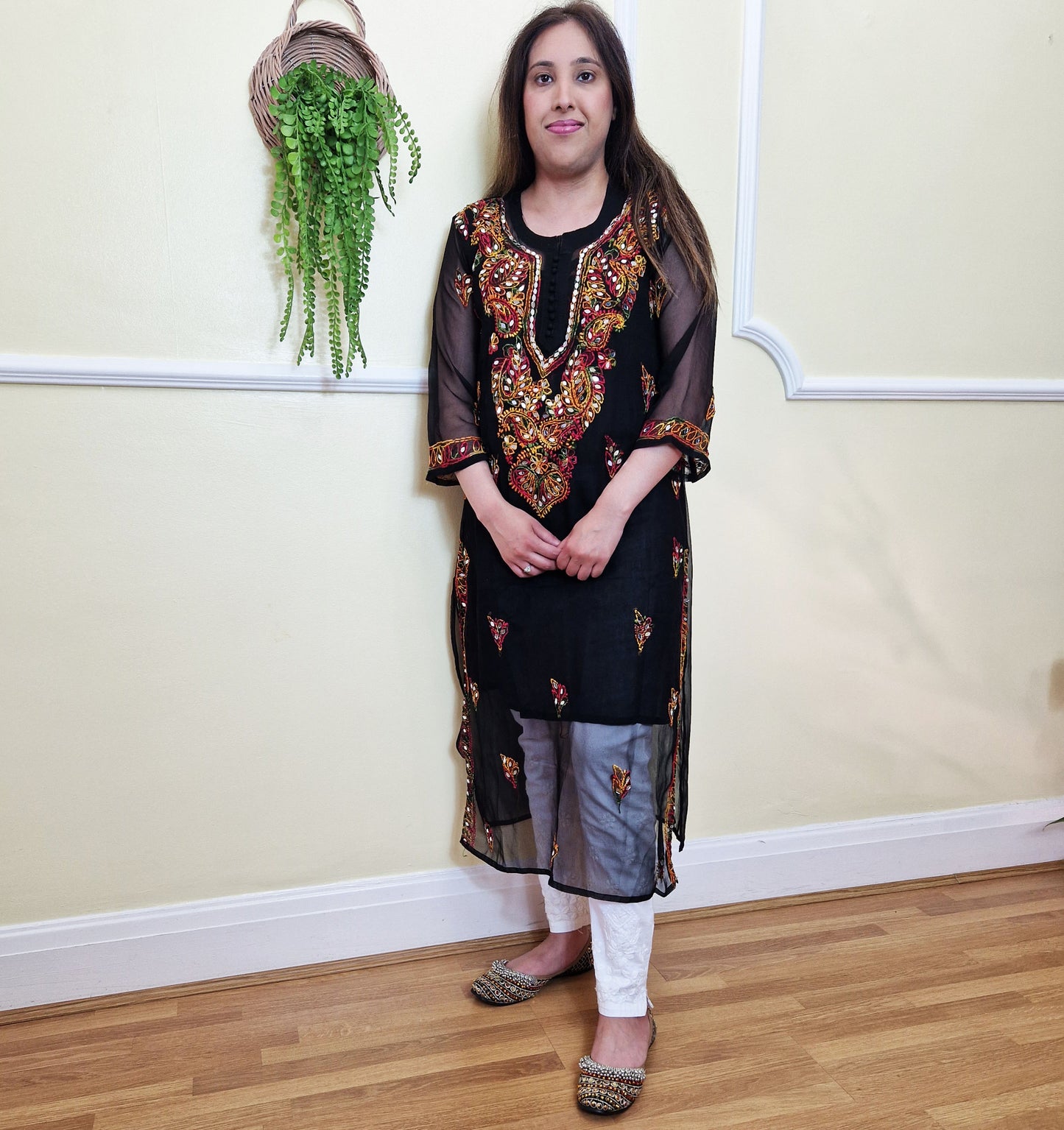 Lucknowi Chiffon Kurta with Inner Mirror and Embroidery Work Dress